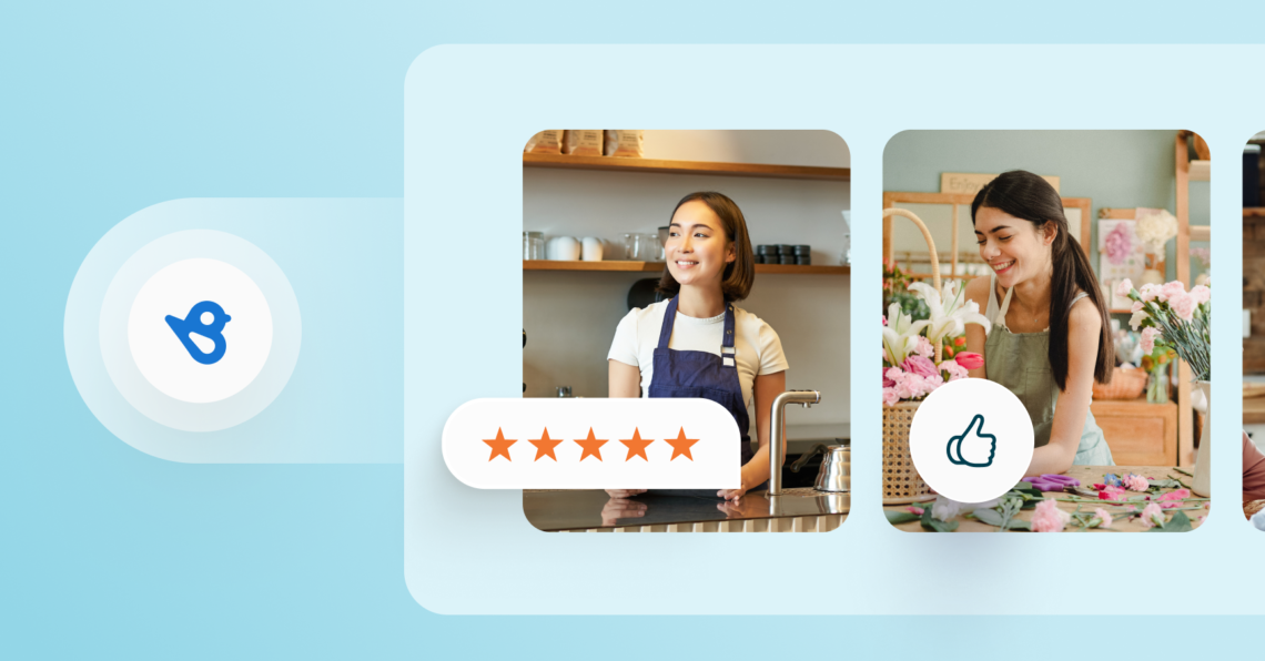 Two business women next to star and thumbs up icons representing customer advocacy at Birdeye.