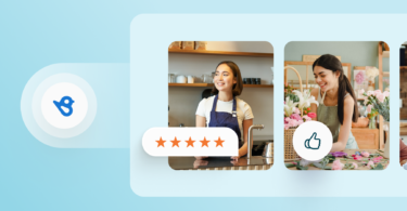 Two business women next to star and thumbs up icons representing customer advocacy at Birdeye.