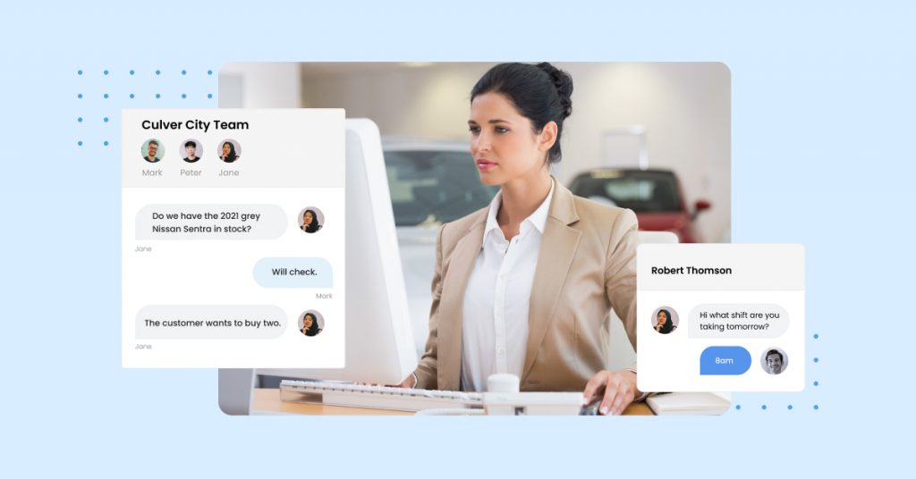 Woman looking at her computer screen with examples of team chat in pop up images