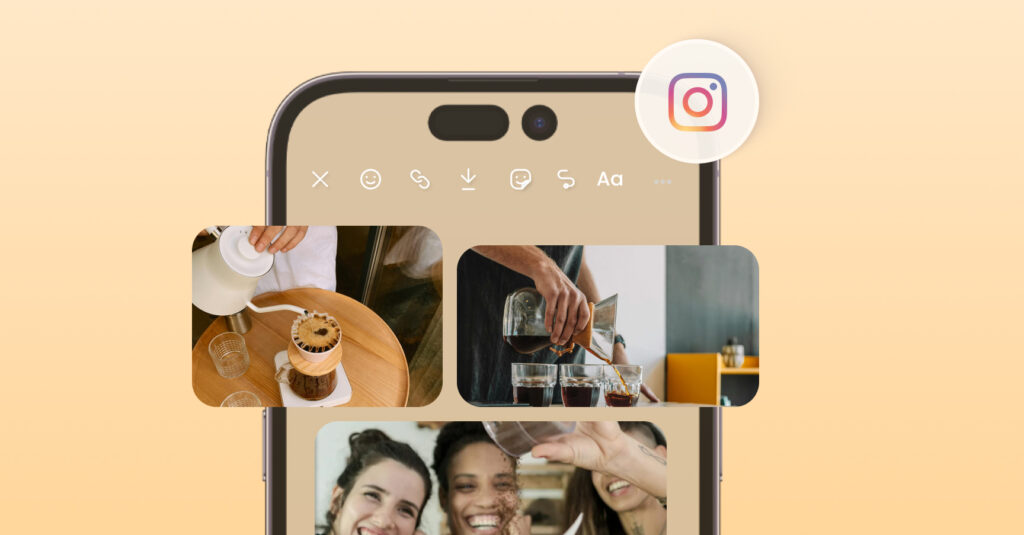 The image shows how to add multiple photos to an Instagram Story