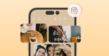 The image shows how to add multiple photos to an Instagram Story