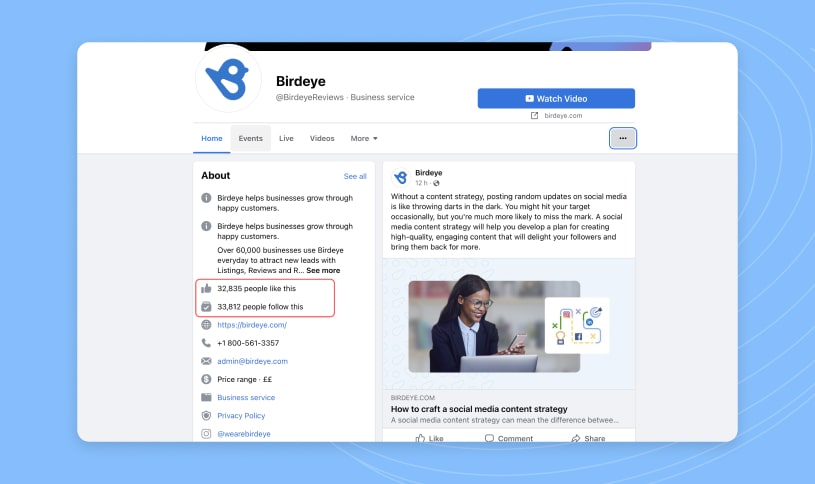 Birdeye Facebook page highlighting likes and followers
