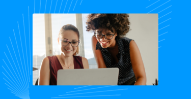 Two delighted entrepreneurs enjoying the benefits of a business strategy template.