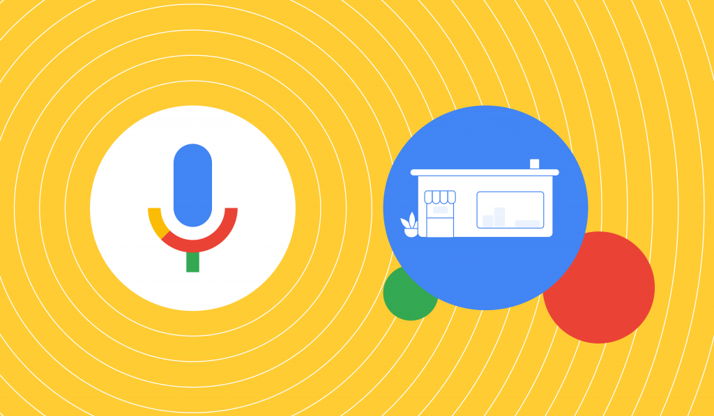 Voice search on google icon next to a graphic design of a store front.