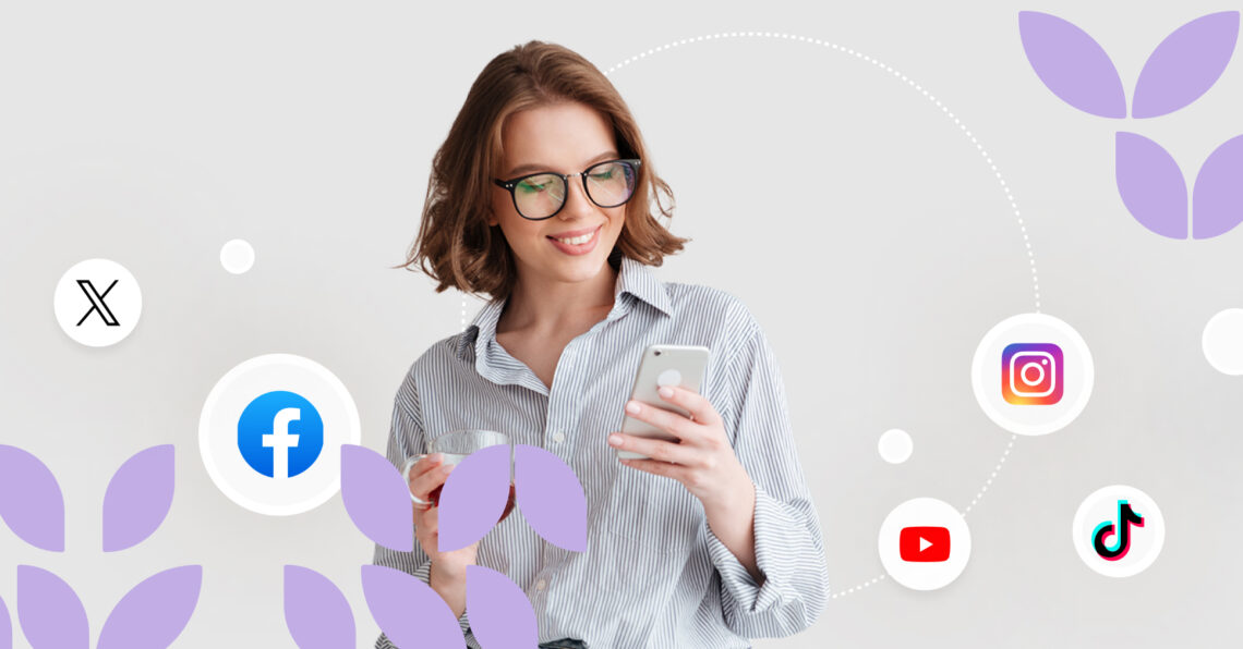 Image shows a woman using many social media platforms for her business