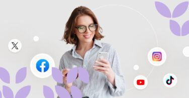 Image shows a woman using many social media platforms for her business