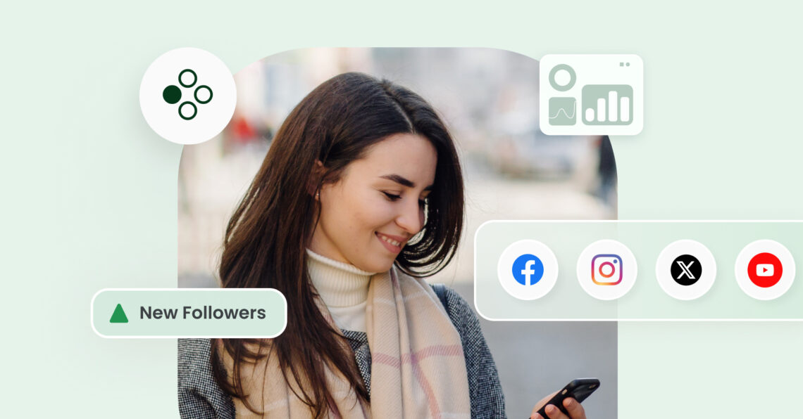 The image shows a social media manager checking social media follower growth across channels
