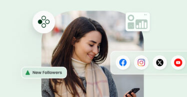 The image shows a social media manager checking social media follower growth across channels