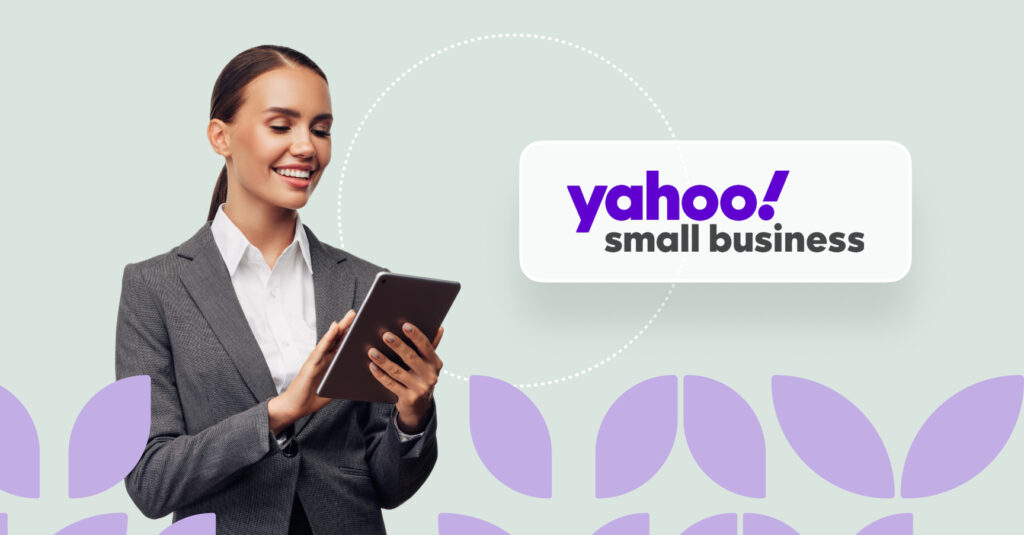 Image shows a business woman using Yahoo small business solutions