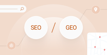Graphic comparing SEO and GEO strategy, featuring a search bar, a globe, and a map with location pins.
