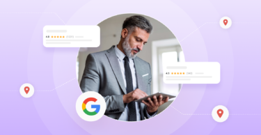 A man reading Google reviews on a table device.