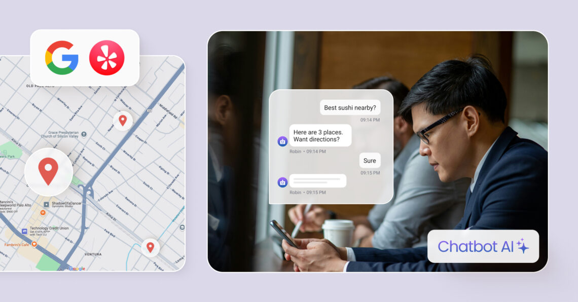 Businessman using a phone with AI chatbot suggesting local sushi spots, alongside a map with Google and Yelp icons, illustrating AI local search in 2025.