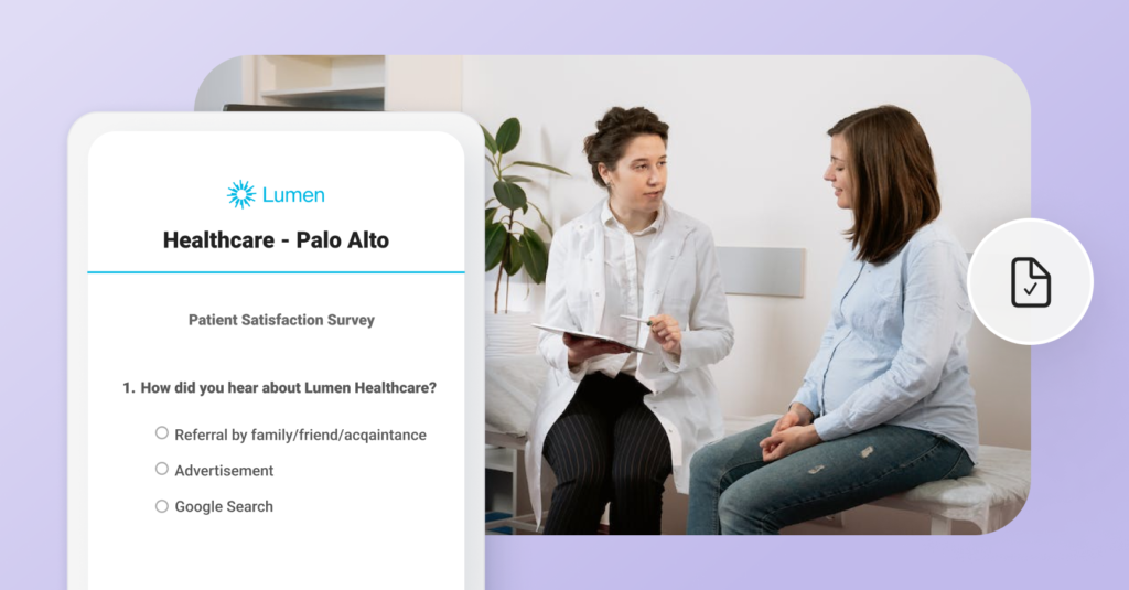 patient survey software in action, displayed over a patient speaking with a healthcare provider. The image shows a patient survey deployed to ask questions about a fictional healthcare provider.