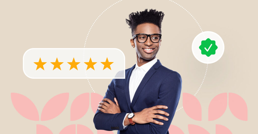 Image shows a person standing next to a 5-star and verified mark. This indicates he works with a reputation management company.