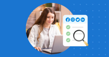 A woman looking at her laptop screen smiling with a pop up image of a social media audit
