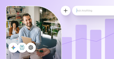 Business team talking around a tablet, with AI icons, a search bar, and a rising chart, showing the ROI of AI search.