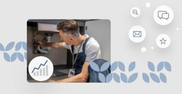 Image shows a plumber working on a project and the lead generation tools they can use such as email, reviews, and messaging.