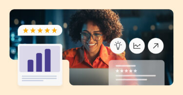 A woman looking at online reviews on a laptop.