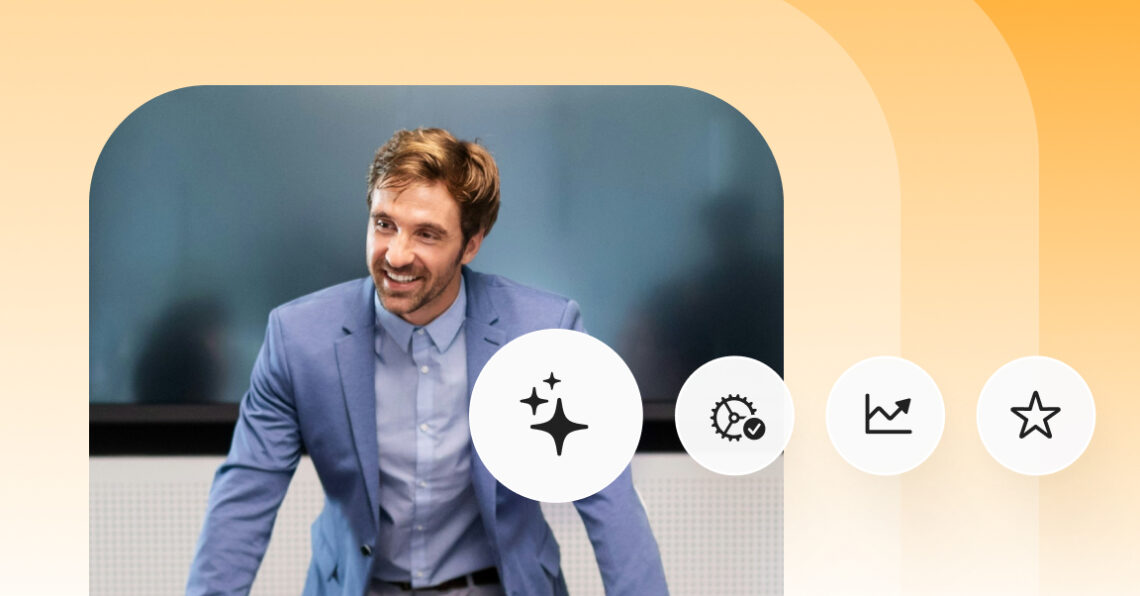 A professional man in a blue suit smiling, with four floating circular icons representing AI features, operational governance, performance growth, and customer reviews against a warm, gradient background.