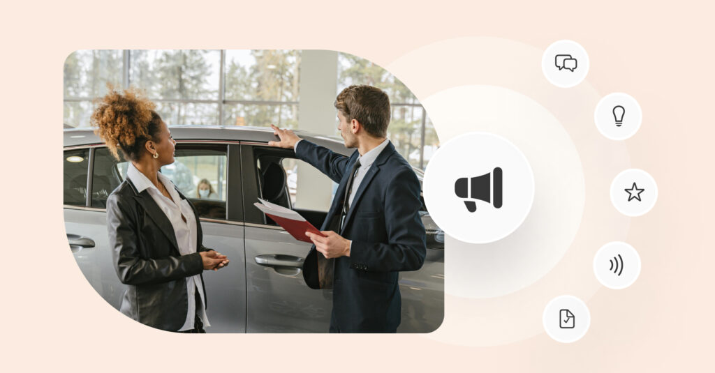 This image shows a car dealership advertising and interacting with customers