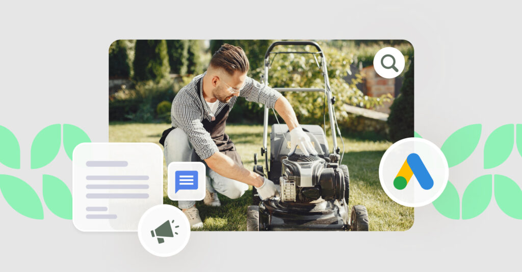 Image shows a lawn care business owner working to promote their business.