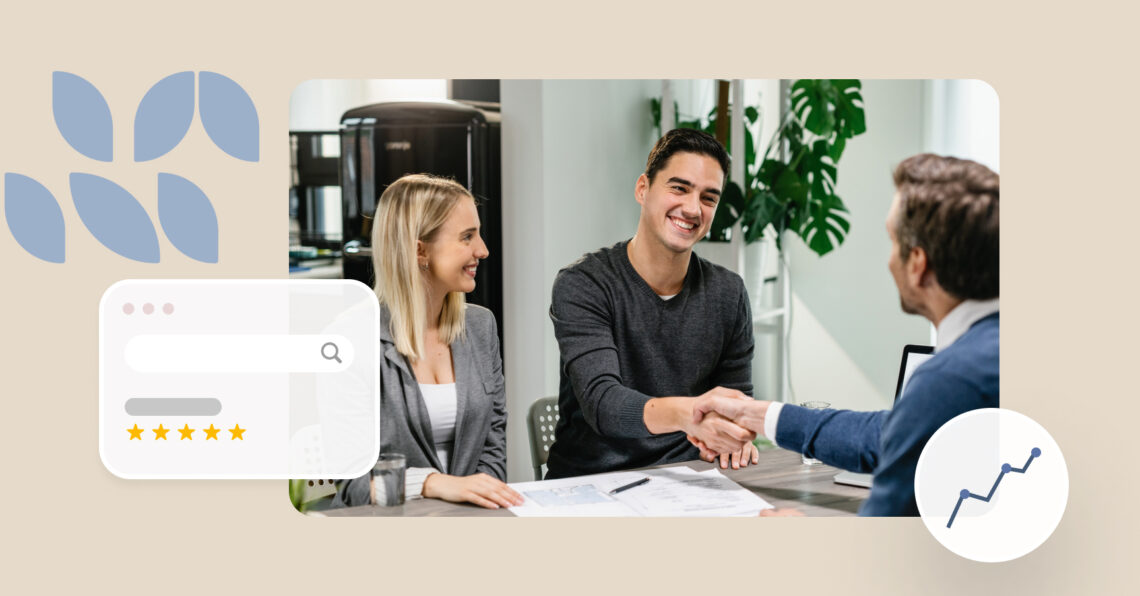 Two personas shaking hands next to a woman in an office.