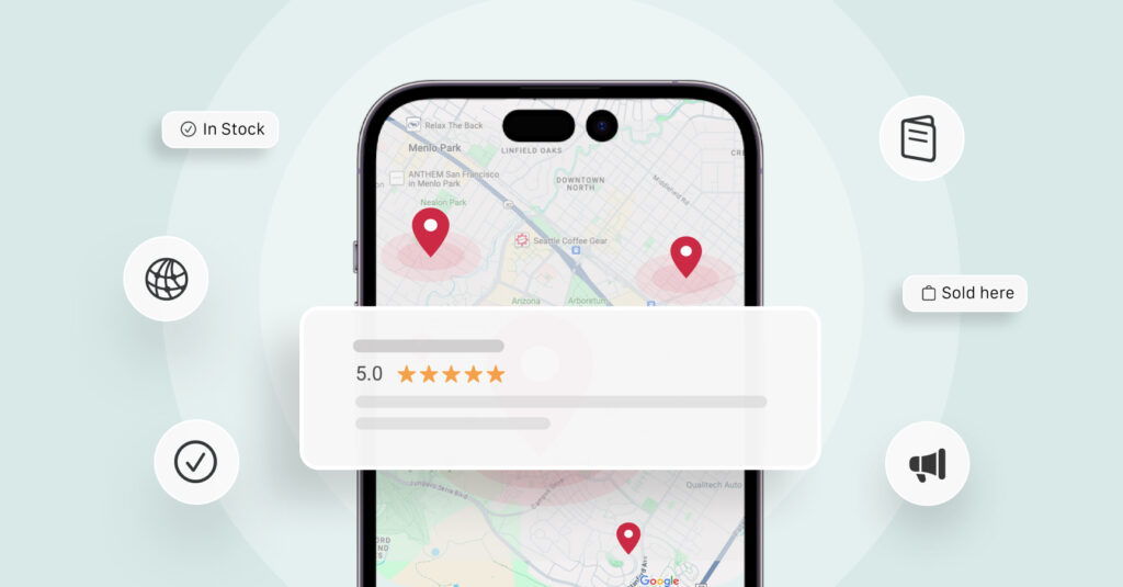 A smartphone interface with a map, surrounded by icons of Google local justifications.