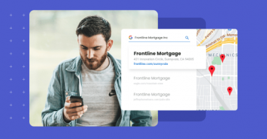 An image of a man looking at his phone and a pop up image of his local search results for local businesses