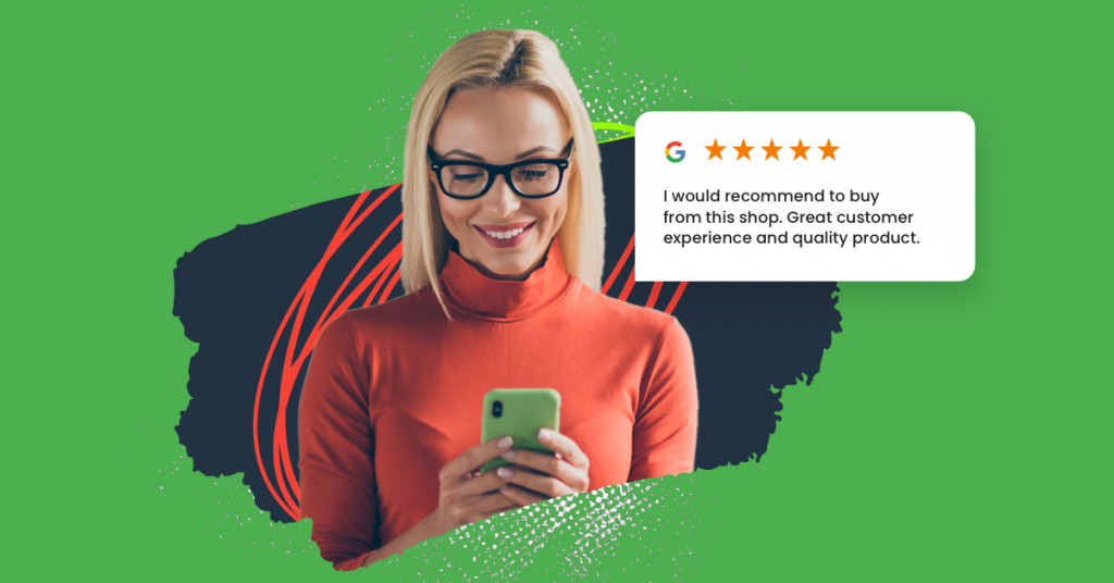 Review sites - a woman looking at her mobile phone and a pop up image of a review