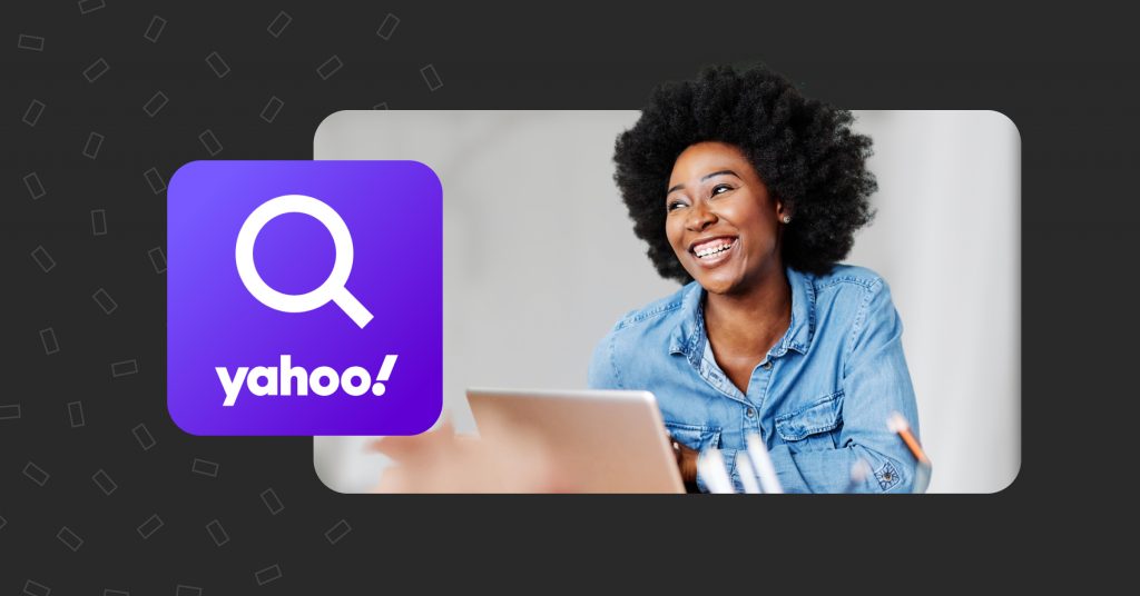 A woman smiling because she just created a Yahoo Business Listing and an image of the Yahoo mobile search icon