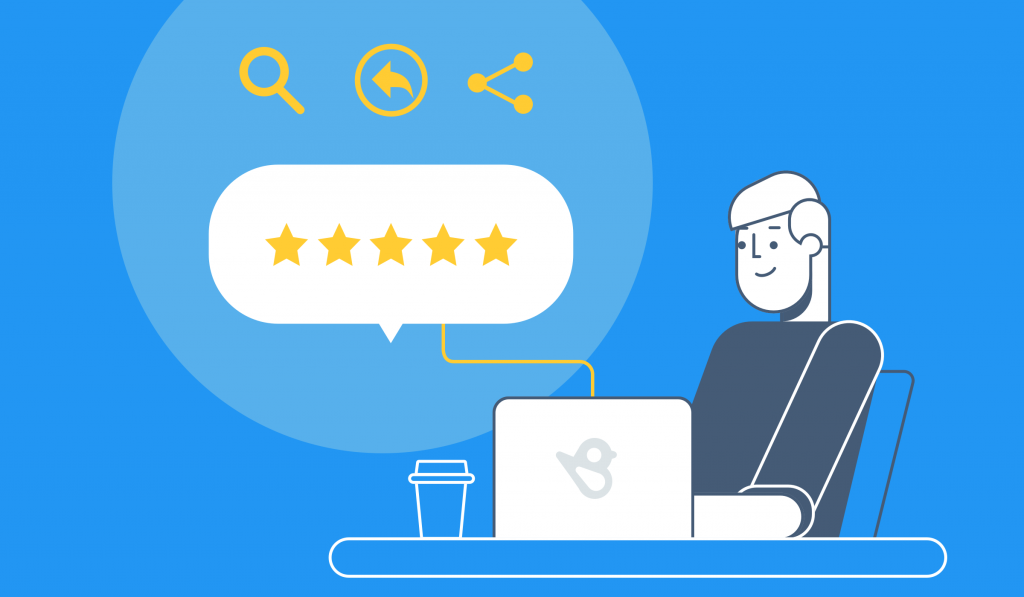 Illustration of a man looking at a laptop screen and an image of 5-review stars above