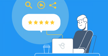 Illustration of a man looking at a laptop screen and an image of 5-review stars above