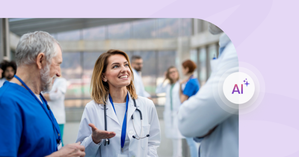 Doctors talking to each other next to a circle with AI written on it.