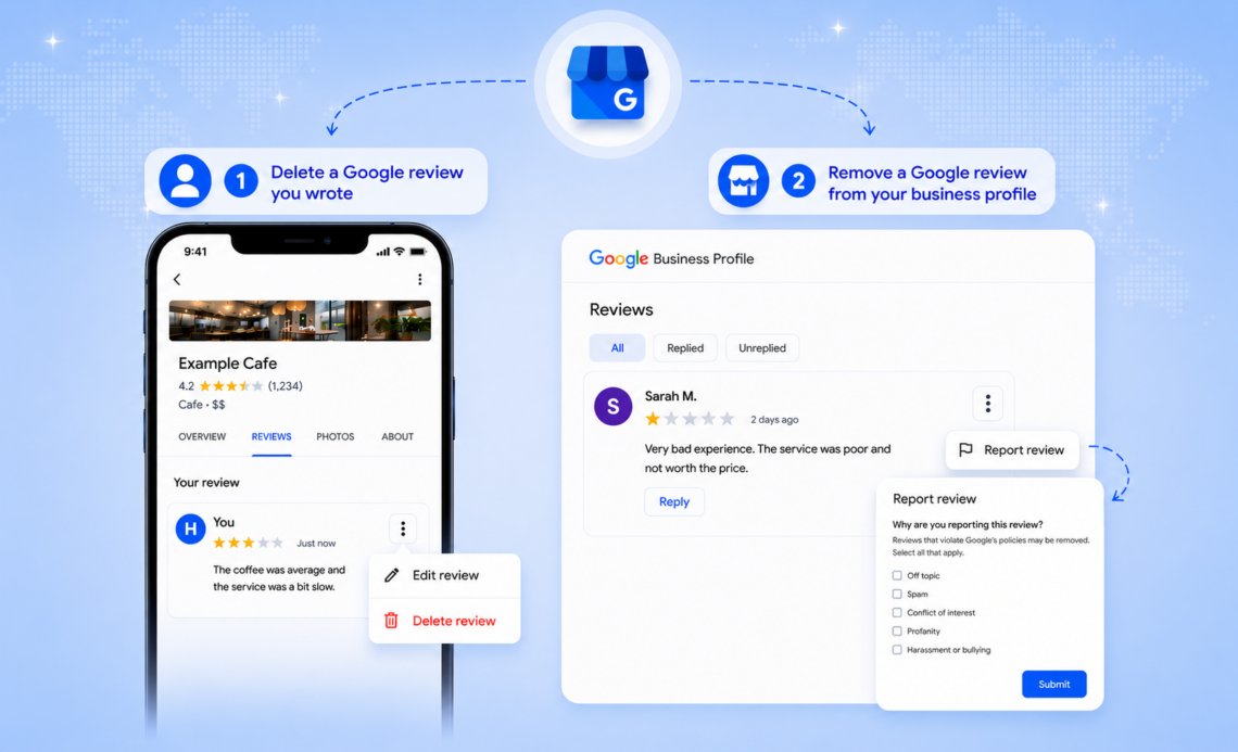 Step-by-step process on how to delete a Google review you wrote, and how brands can report or remove fake, negative reviews for desktop, iPhone & Android.