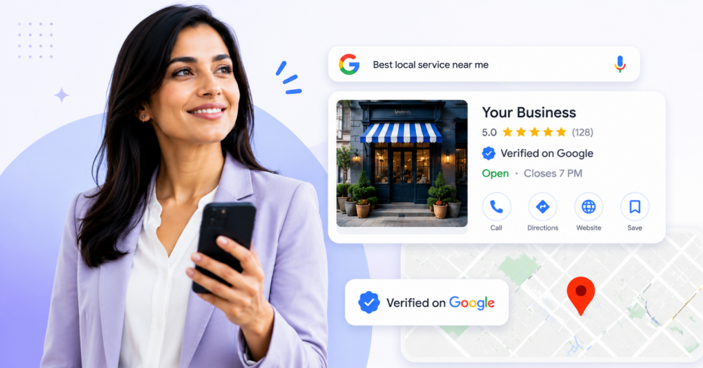 Featured illustration of a business owner using Google Business Profile to verify a business on Google, with a verified listing, Google Search interface, and local map highlighting online visibility.