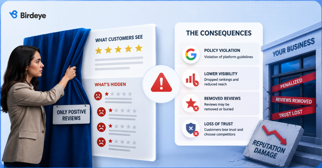 Featured image illustrating review gating, where a business showcases only positive reviews while hiding negative feedback, leading to policy violations, reduced visibility, removed reviews, and loss of customer trust.