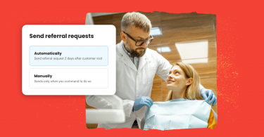 Referral marketing - an image of a dentist with a patient and a pop up image of a review