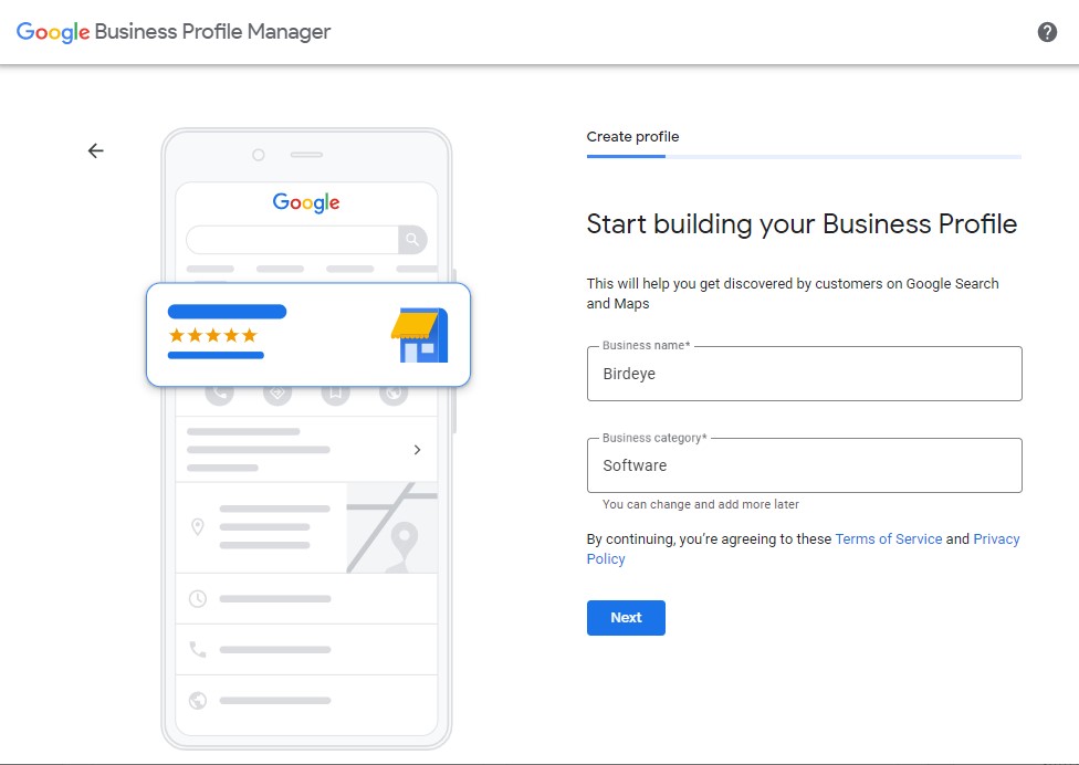 Select a business name and business category to start building your business profile