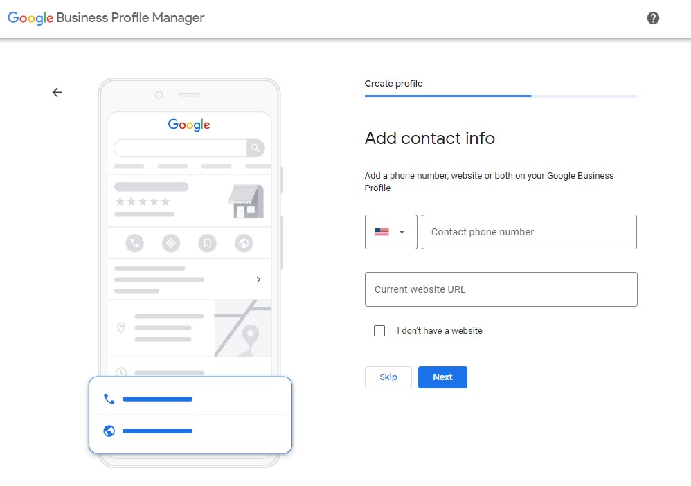 Add contact information including contact phone number and current website URL