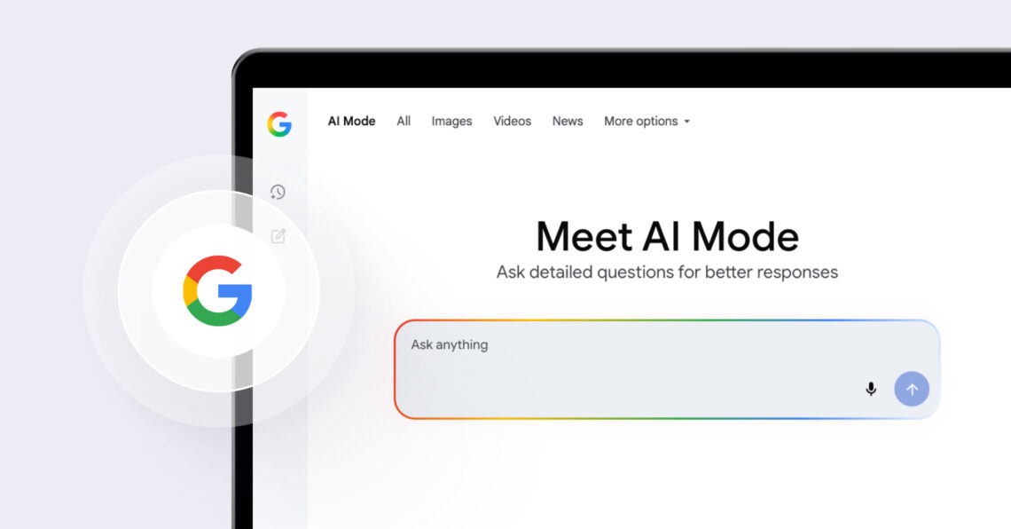 Google AI Mode interface on a computer screen next to a Google logo.