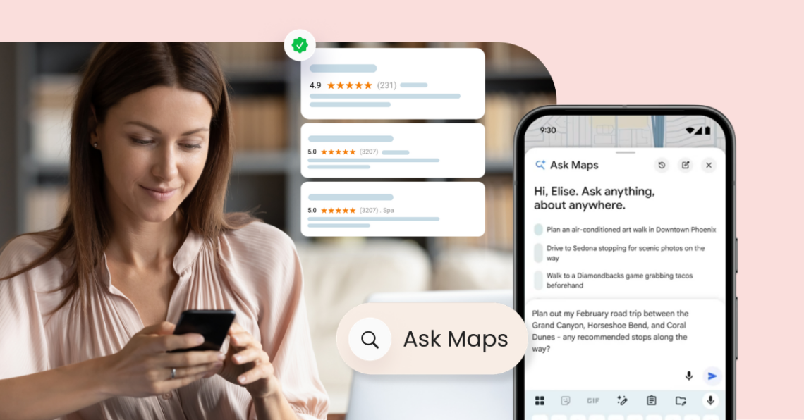 A woman using a smartphone with "Ask Maps" AI and floating five-star review ratings.