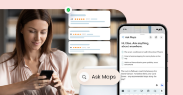 A woman using a smartphone with "Ask Maps" AI and floating five-star review ratings.