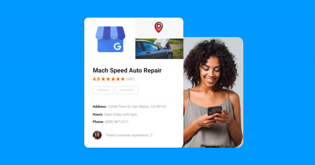 Woman looking at Google Business Profile for "Mach Speed Auto Repair" on her phone