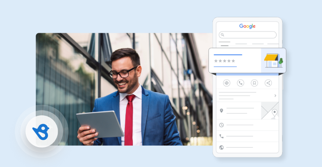 A man looking at a tablet next to a screenshot of Google Business Profile.