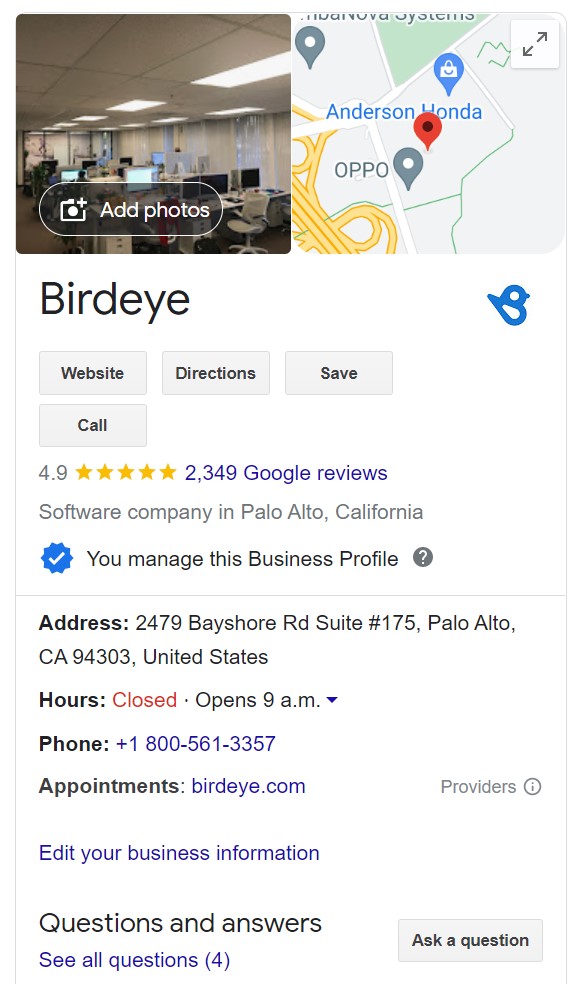 An example of Birdeye's Google knowledge panel