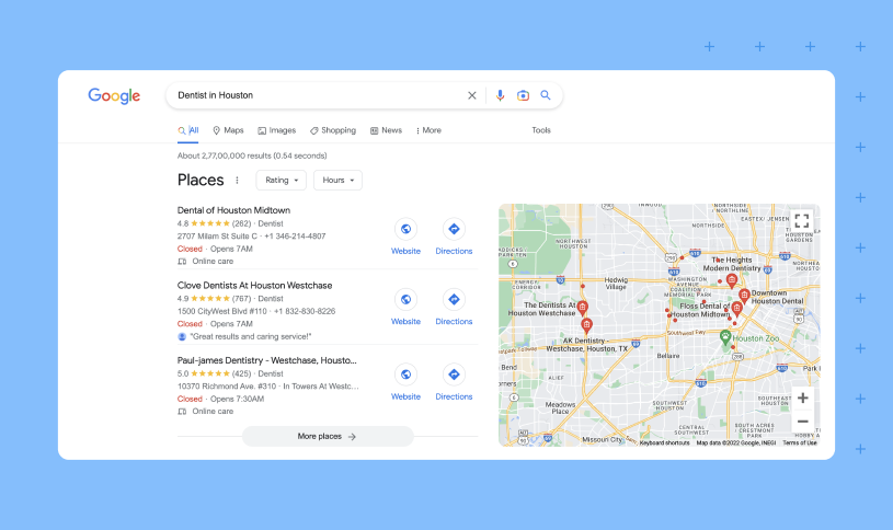 An image showing how Google's local map pack results look like. A map of the locality along with the top three businesses listed with their information is depicted.