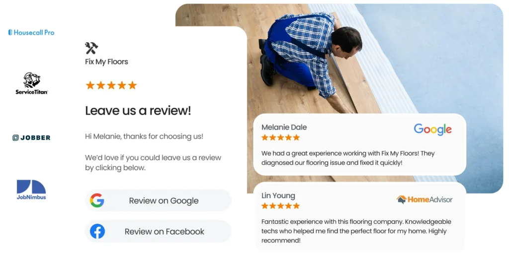 Birdeye's AI-driven platform for home service businesses, featuring flooring repair reviews and integration logos for Housecall Pro, ServiceTitan, and Jobber.