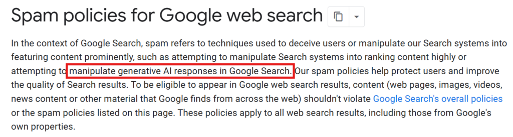 Screenshot of Google Search Central documentation page showing the spam policies update dated May 15, 2026, with the AI-generated responses section highlighted.