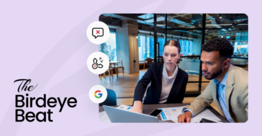 Google logo with symbols indicating chat and call history next to a man and a woman looking at a laptop.