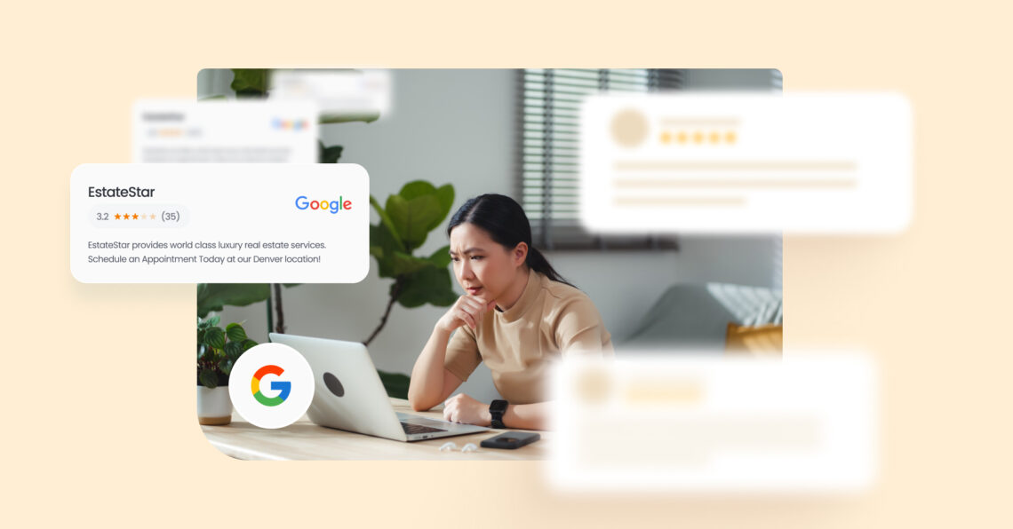 A woman looking at Google reviews on a laptop.